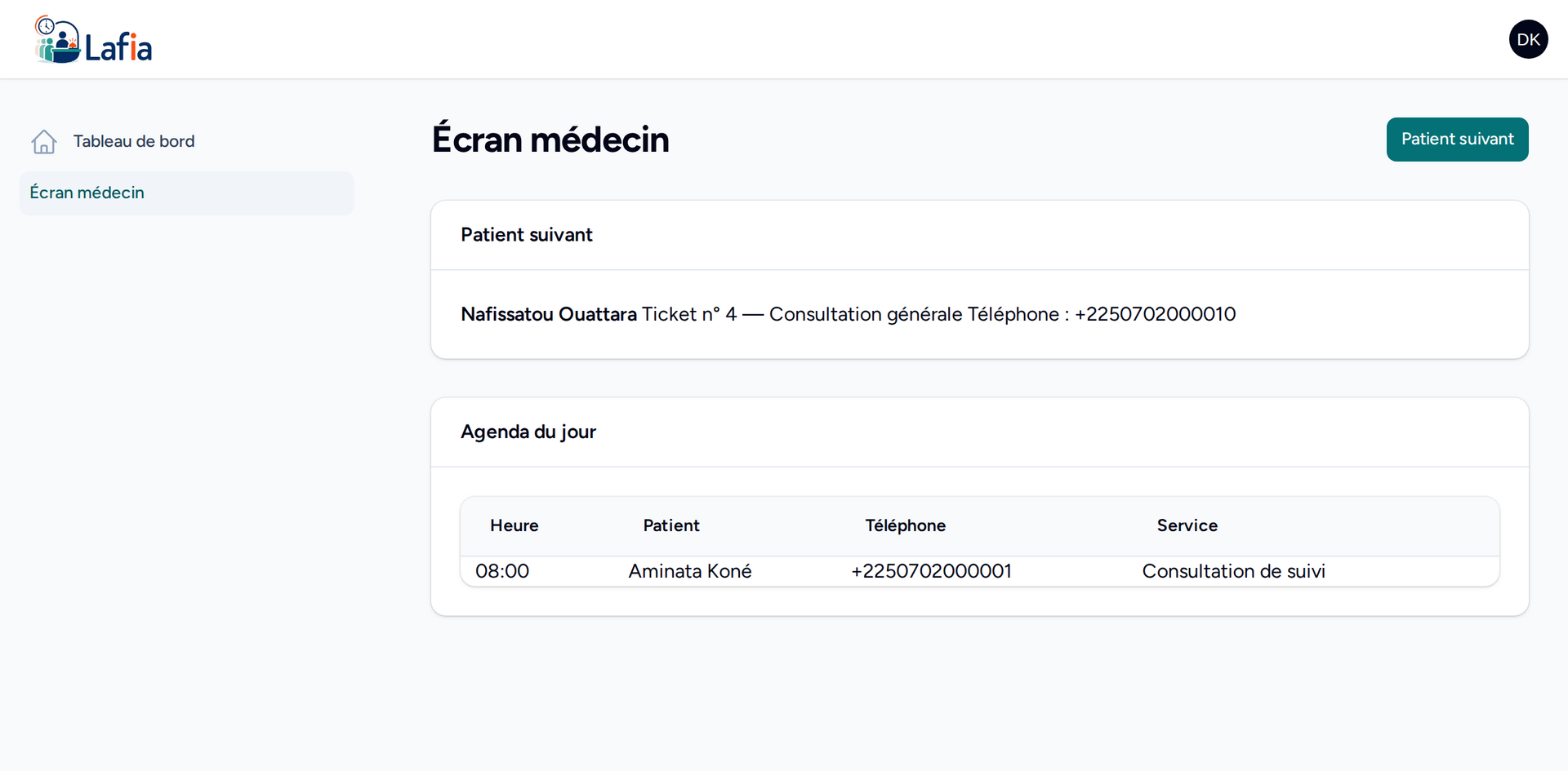 Écran médecin Lafia affichant le bouton patient suivant et l'agenda du jour