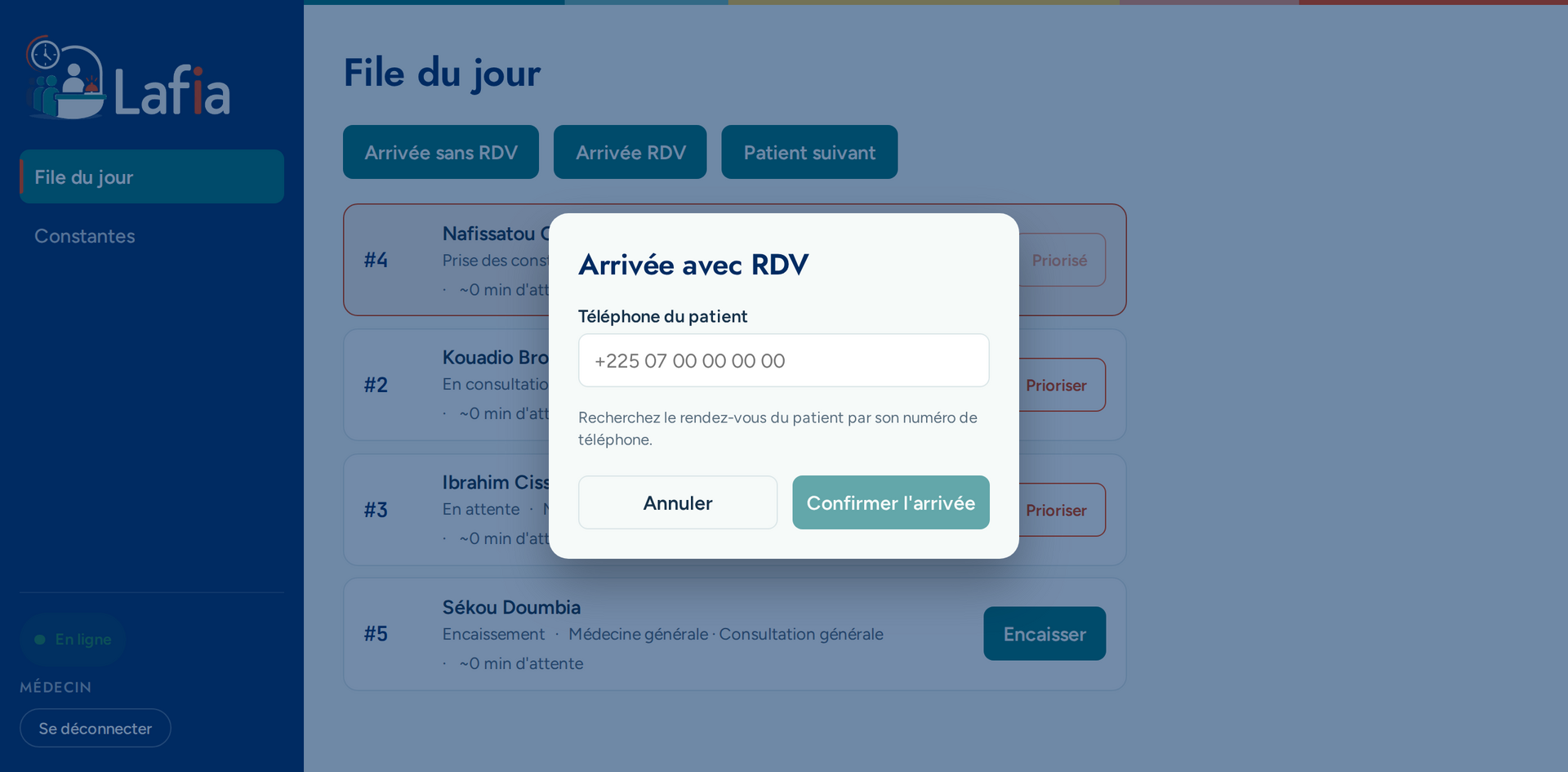 Boîte de dialogue d'arrivée avec rendez-vous, recherche par téléphone