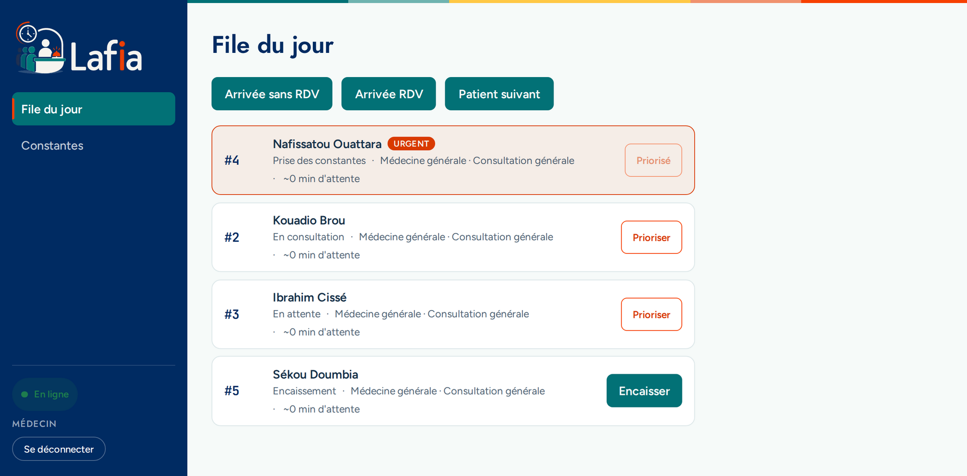 Écran guichet Lafia affichant la file d'attente du jour, triée par priorité